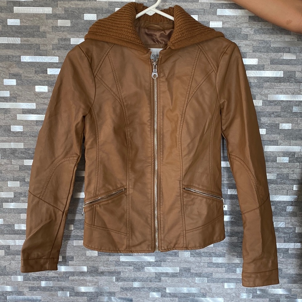Guess Women's Hooded Faux Leather brown Jacket